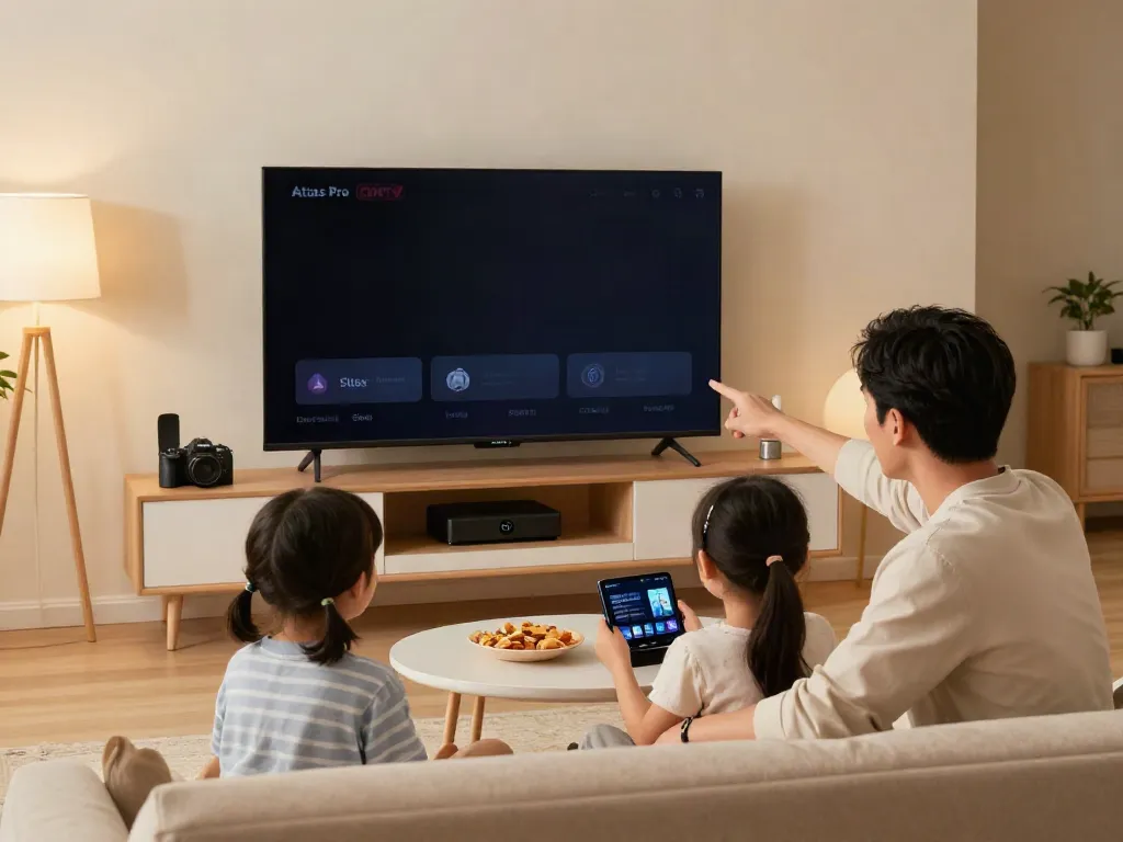 Famille profitant de l'application Atlas Pro ONTV dans un salon moderne avec une télévision intelligente.