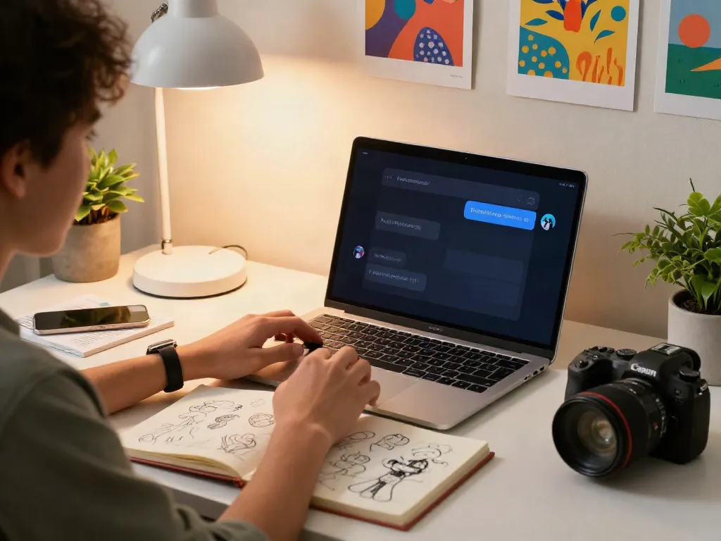 Engaging NSFW AI chat experience on a modern laptop showcasing vibrant character sketches.