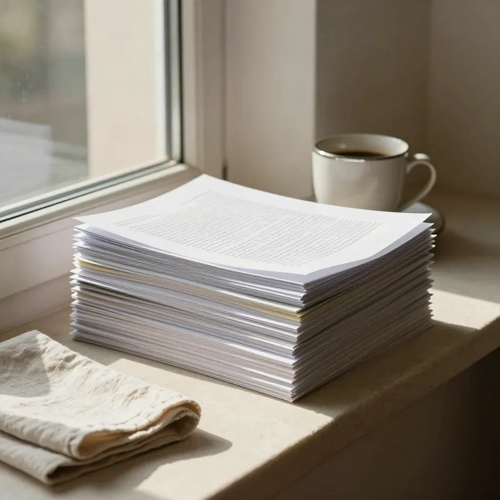 Articles relus, onglets de chapitre et tasse de café sur rebord de pierre, lumière douce.