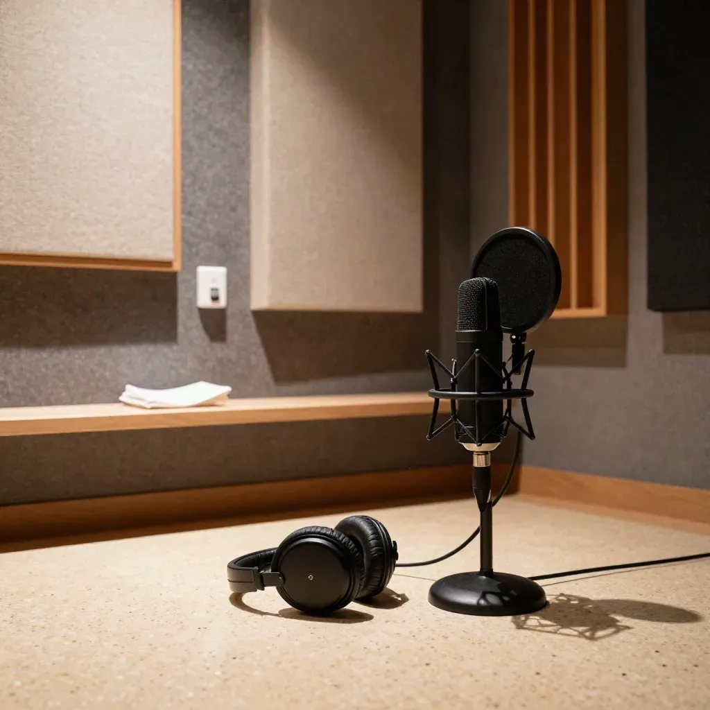 Coin podcast cosy avec micro, casque et panneaux acoustiques, lumière d’après-midi.