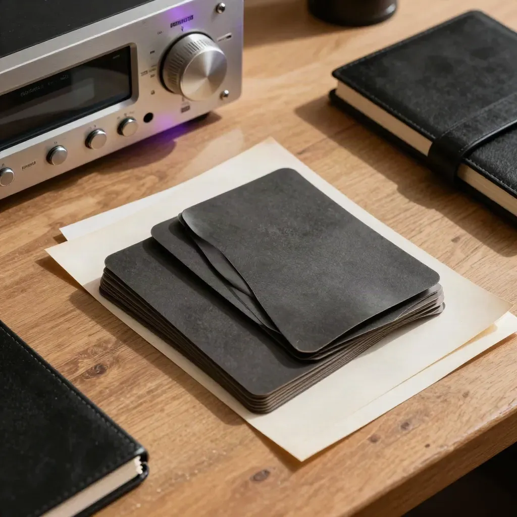 Cartes de scène, récepteur lav et notes de storyboard sur un bureau en bois sombre.