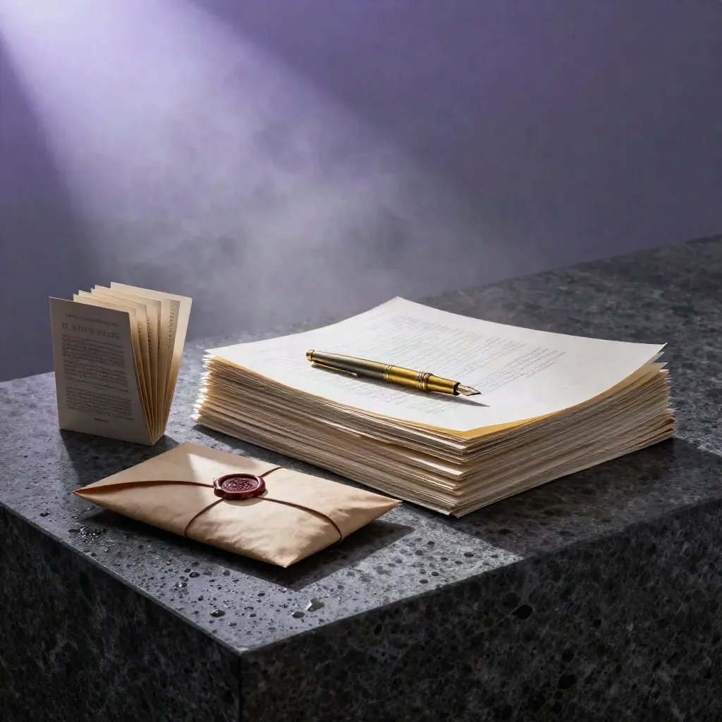 Atelier éditorial mystérieux avec manuscrits, plume, dossier de travail et lumière bleutée.
