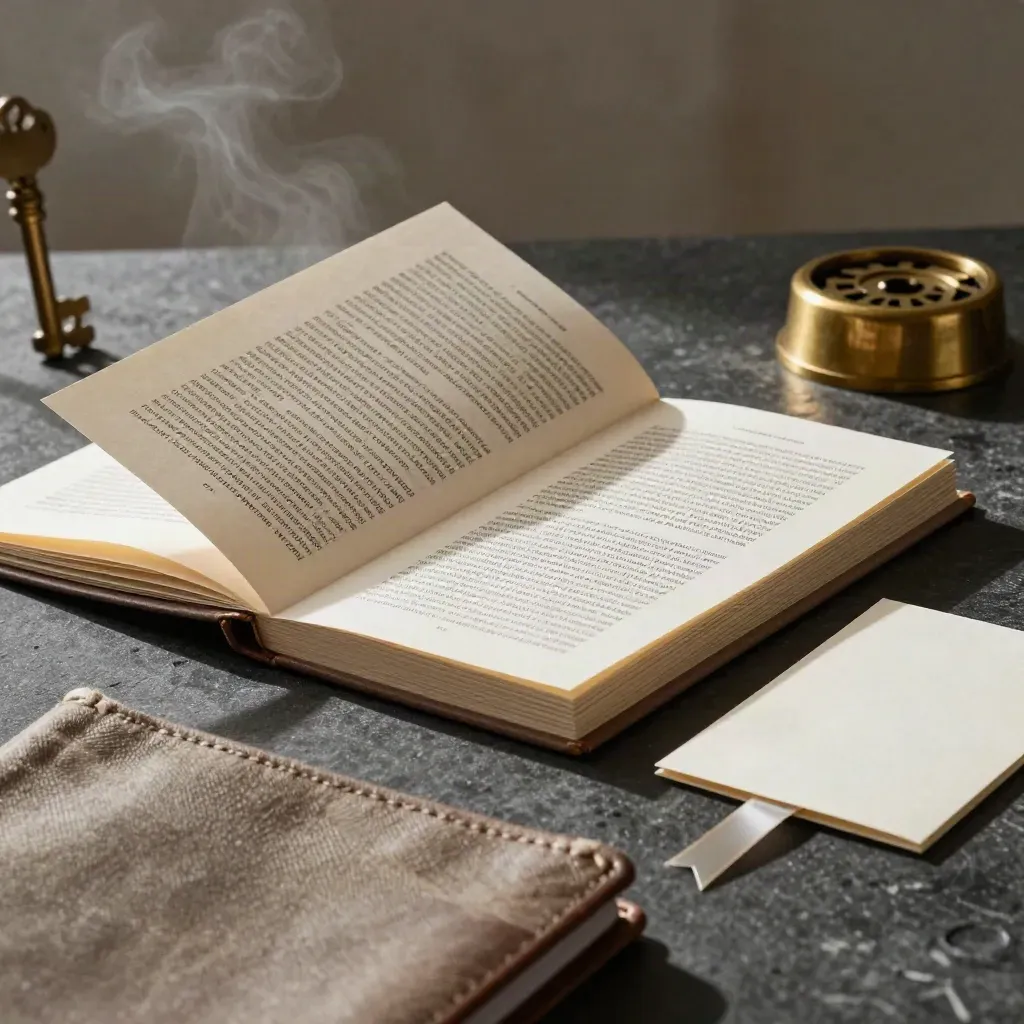 Folio de page de vente plié, liasse premium, presse-papier en laiton et carte rubanée sur surface sombre.
