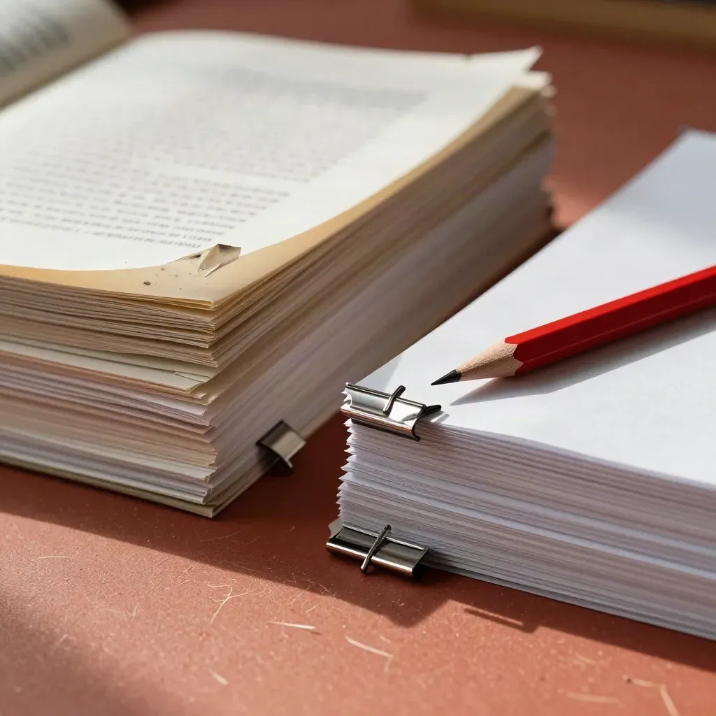 Deux piles de manuscrits, l’une dense, l’autre retaillée, avec clips argentés et crayon rouge.