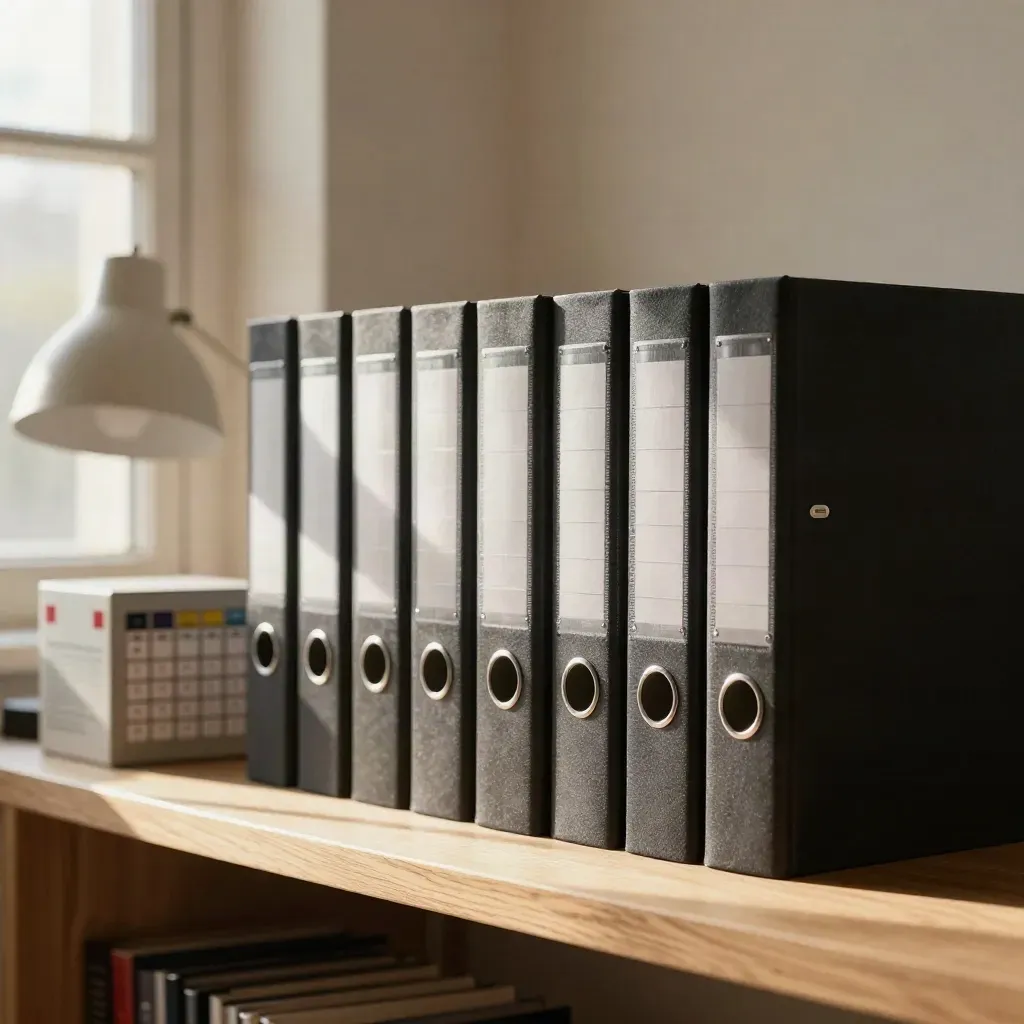 Douze classeurs éditoriaux alignés sur une étagère avec une lampe et un cube calendrier.