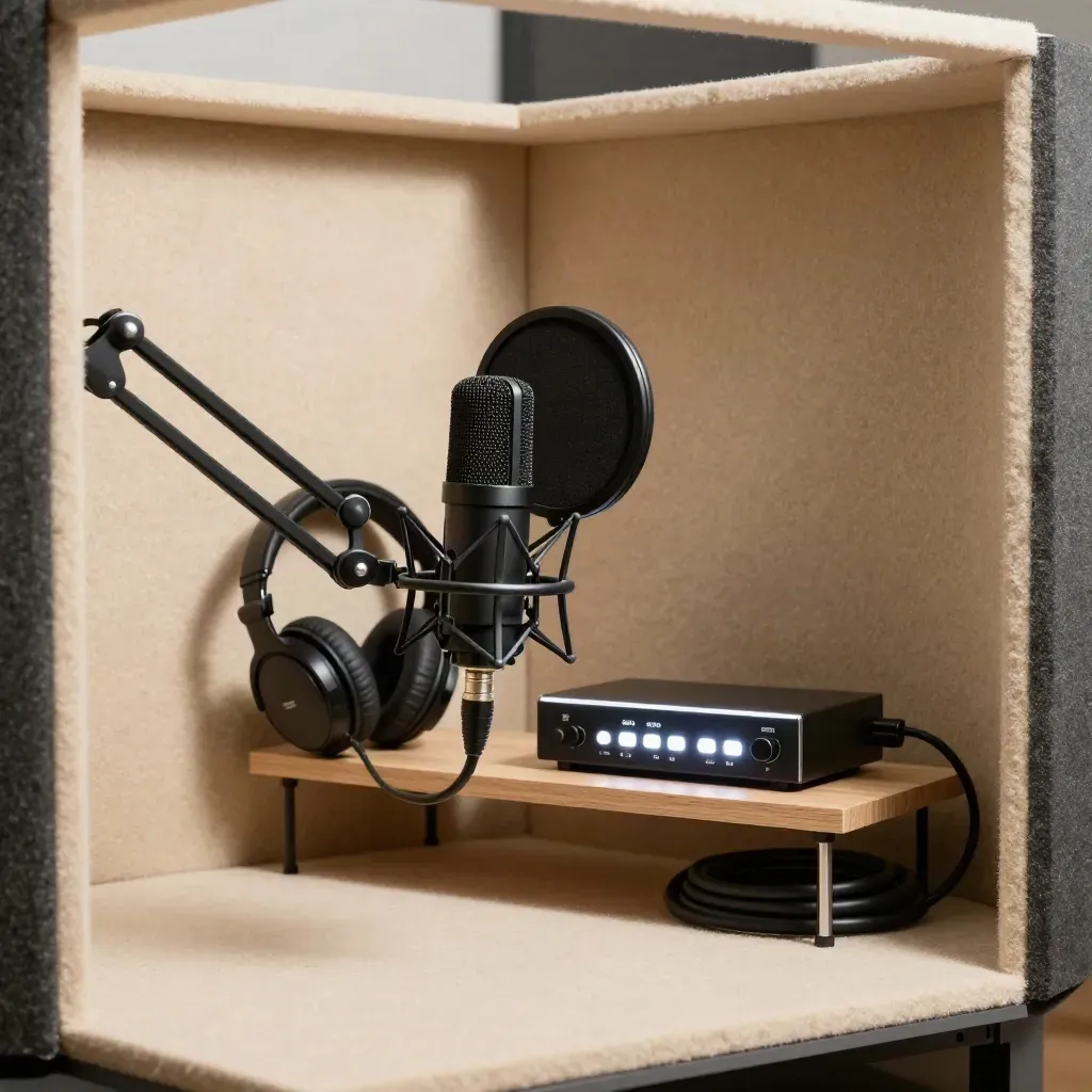 Micro de podcast, casque et interface audio allumée dans un studio insonorisé.