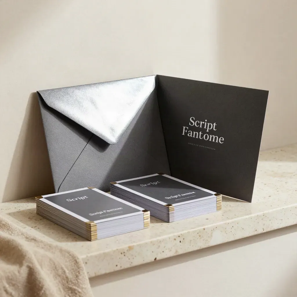 Pack de vente premium avec booklet plié, enveloppe scellée et cartes de preuves sur pierre claire.