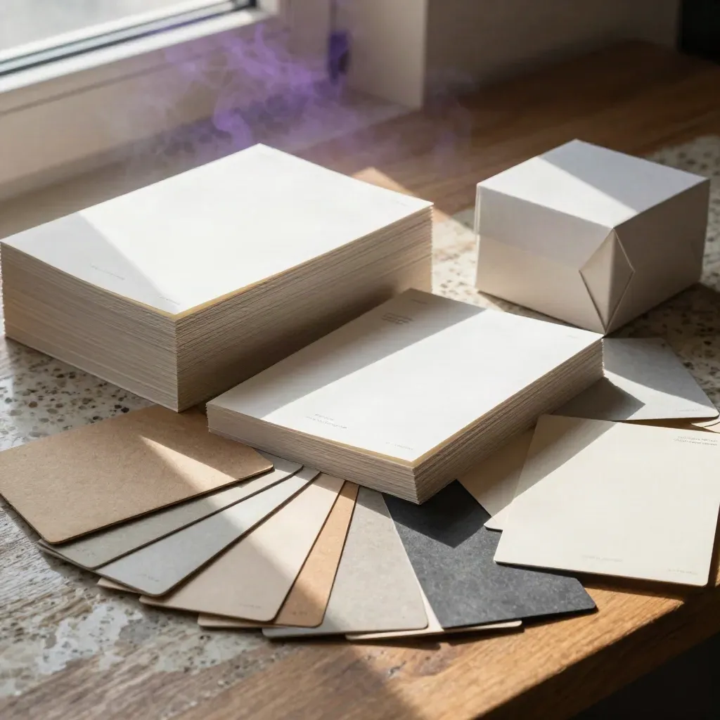 Maquettes éditoriales e-commerce, échantillons d’emballage et proofs sur un plan travertin.