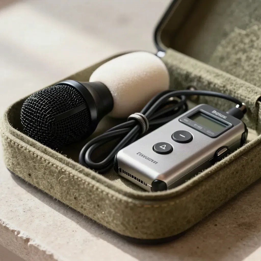 Gros plan d’un kit audio avec micro cravate, câble et enregistreur dans un plateau en feutre.