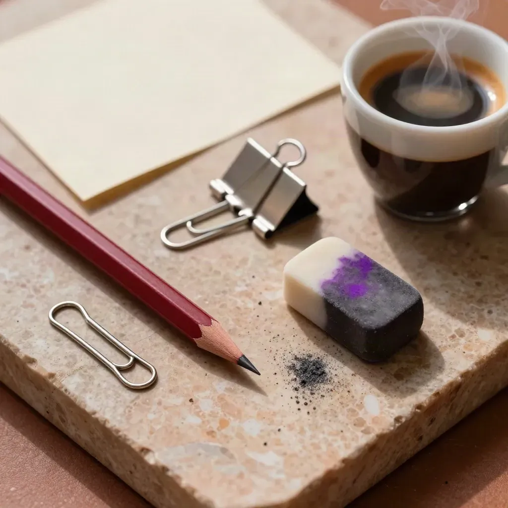 Crayon rouge, gomme, pinces et espresso fumant sur une pierre, vus du dessus.