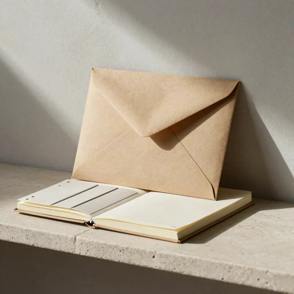 Enveloppe de brief, carnet crème et cartes à onglets sur pierre, lumière douce et ombre nette.