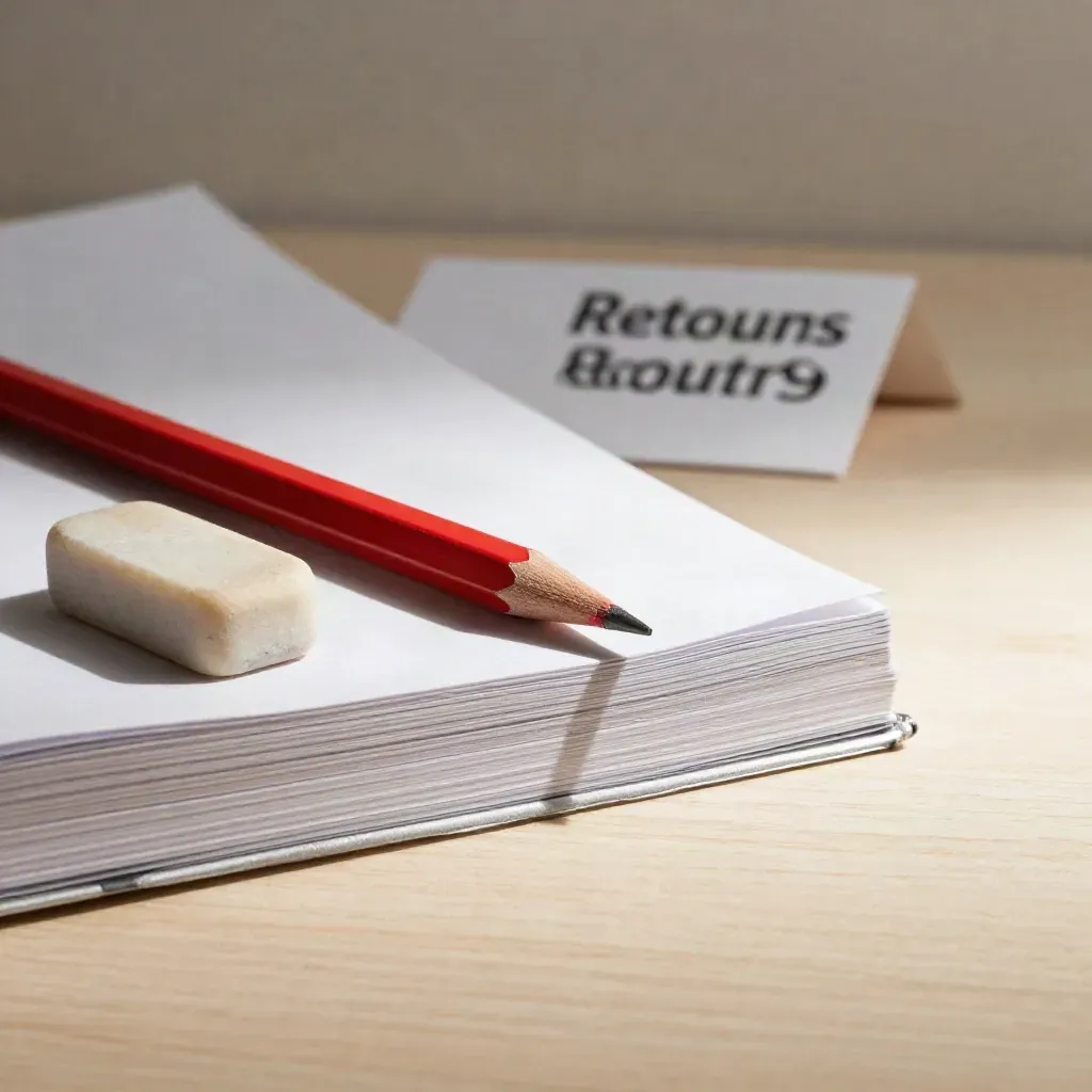 Crayon rouge, gomme et feuilles révisées sur bois pâle, carte Retours courts floue.