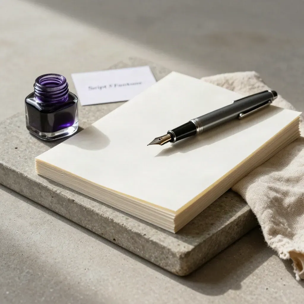 Stylo plume, encrier et feuillets de brouillon sur une dalle de pierre, lumière douce.