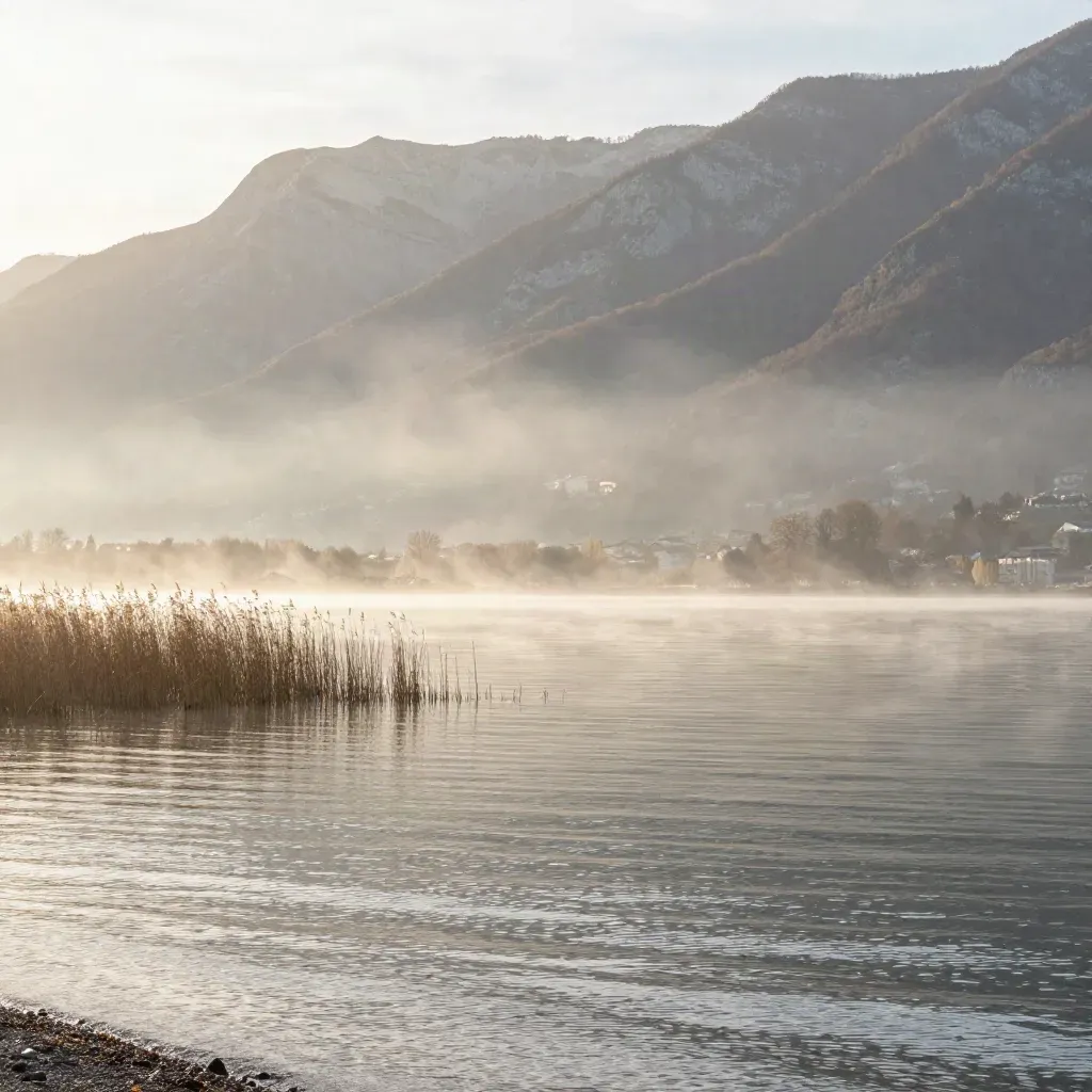 Vue large du lac d’Annecy au lever du jour, brume légère et montagne alpine en arrière-plan.