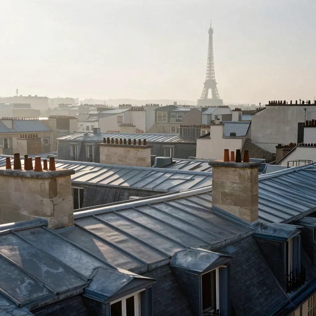 Paris au lever du jour, toits de zinc et tour Eiffel noyée dans la brume