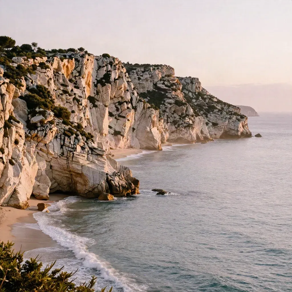 Vue dorée des Calanques, falaises hautes, mer pâle et brume légère pour le texte.