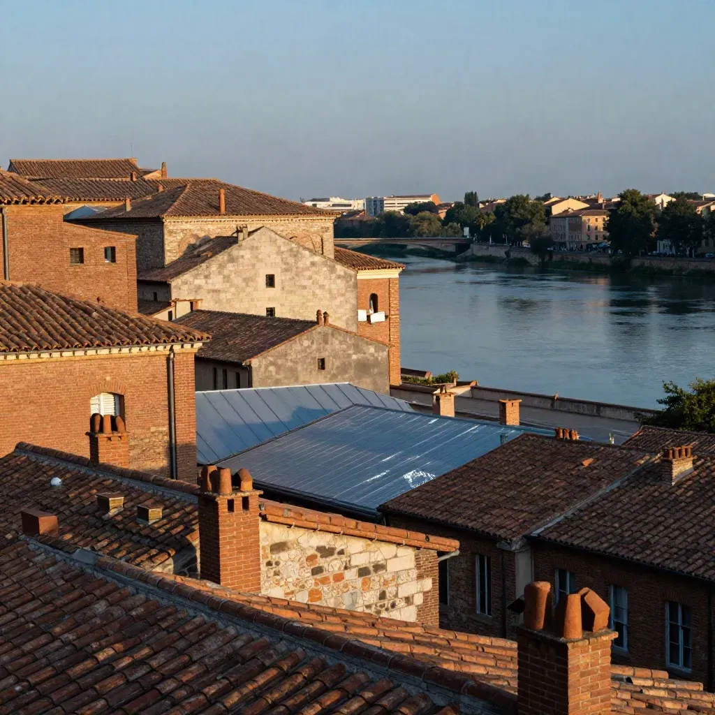 Vue haute de Toulouse au crépuscule, toits en terre cuite et Garonne dans une ambiance calme.