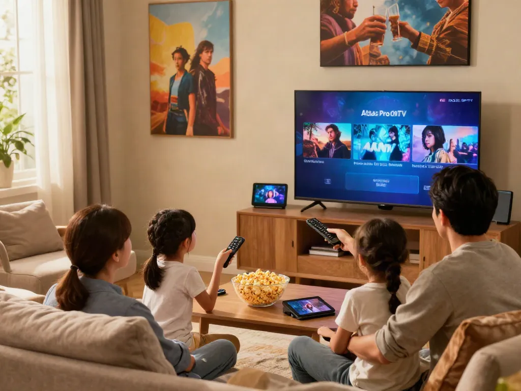 Famille regardant Atlas Pro sur leur Smart TV dans un salon confortable